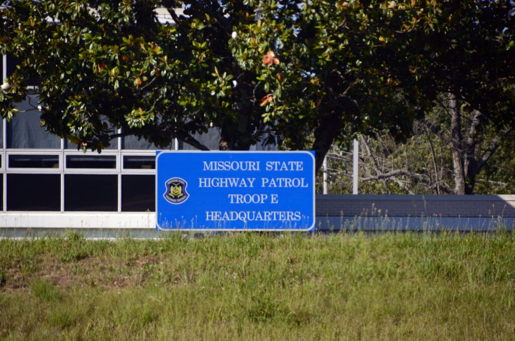 Blue Missouri State Highway Patrol sign